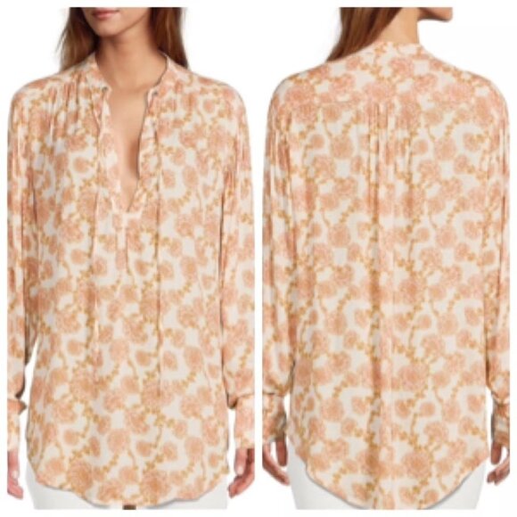 FREE PEOPLE Mia Tunic Top Sz M Pink Beige Floral VNeck Tie Front Viscose Woven - Picture 7 of 16